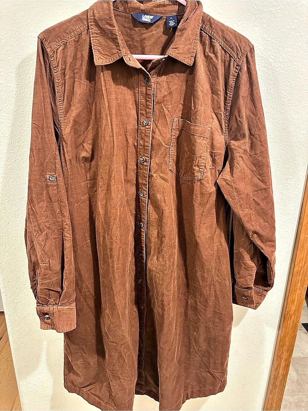 Lands' End Corduroy Long Sleeve Button Front Shirt Dress Brown Size Large